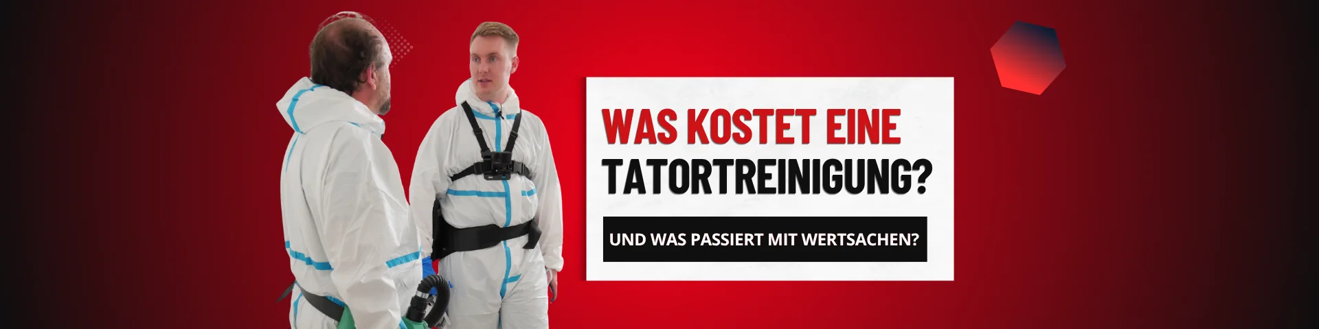 Banner zum Blogbeitrag über Kosten und Wertsachen bei der Tatortreinigung: Benjamin Molitor im Schutzanzug im Gespräch mit YouTuber Tomatolix beim Dreh.